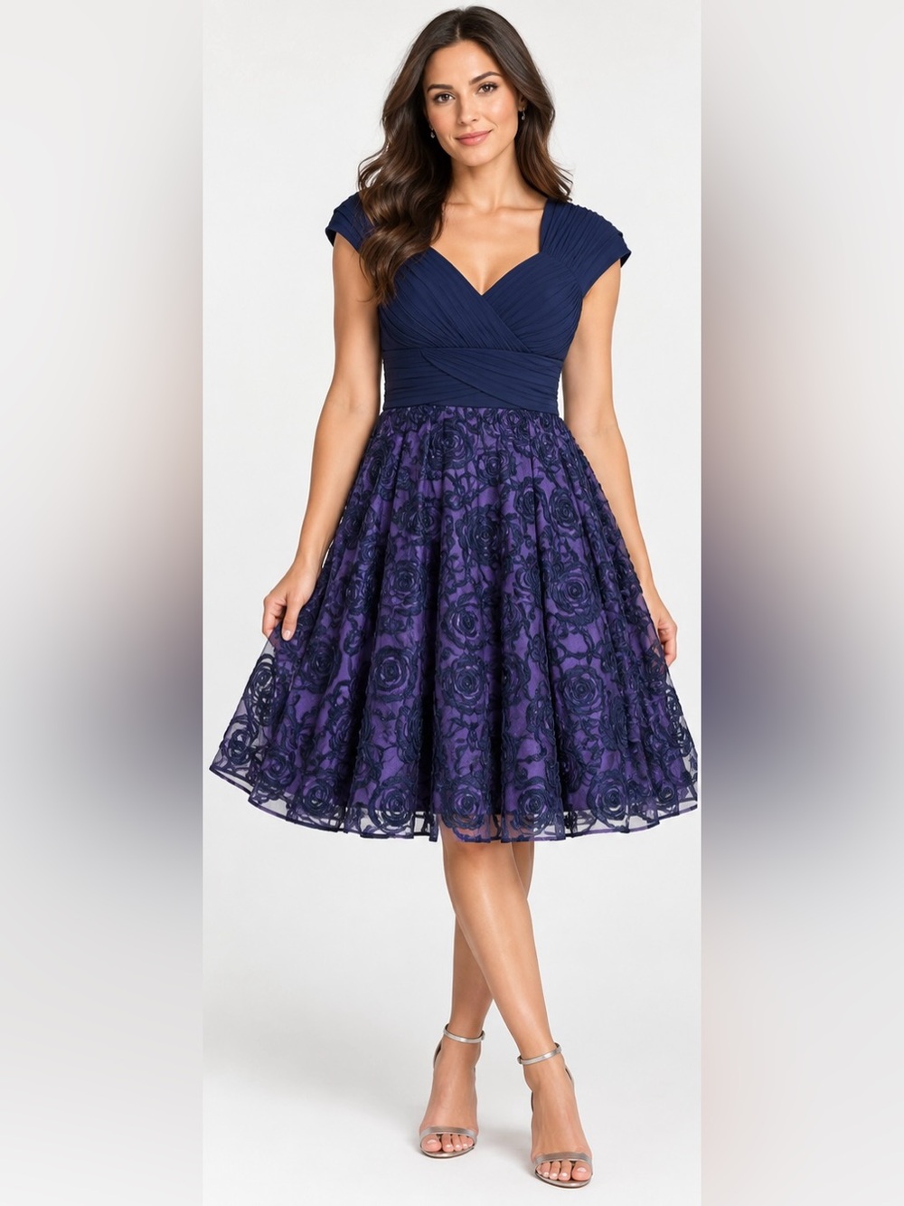 Adrianna Papell Size 14 Navy Purple Rosette Floral Cocktail Dress Wedding Guest